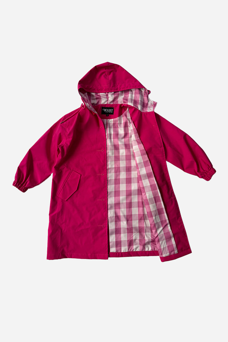 The looselyboho Bright Berry Kids’ Windbreaker is a water-resistant jacket in berry pink, featuring elastic cuffs, a large front pocket, and a pink and white plaid lining. Shown open and laid flat on a white background.
