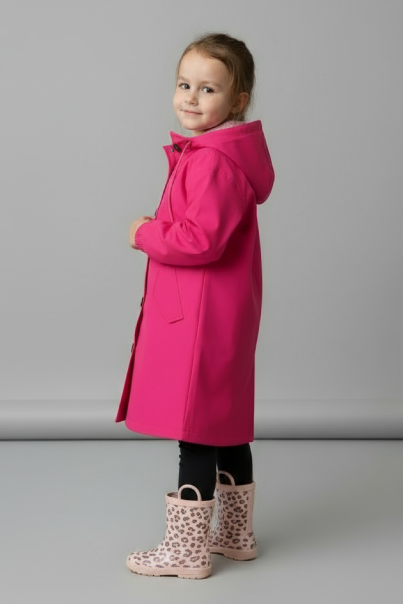 A young girl stands sideways against a gray backdrop, wearing the looselyboho Bright Berry Kids’ Windbreaker, paired with black leggings and light pink leopard print rain boots.