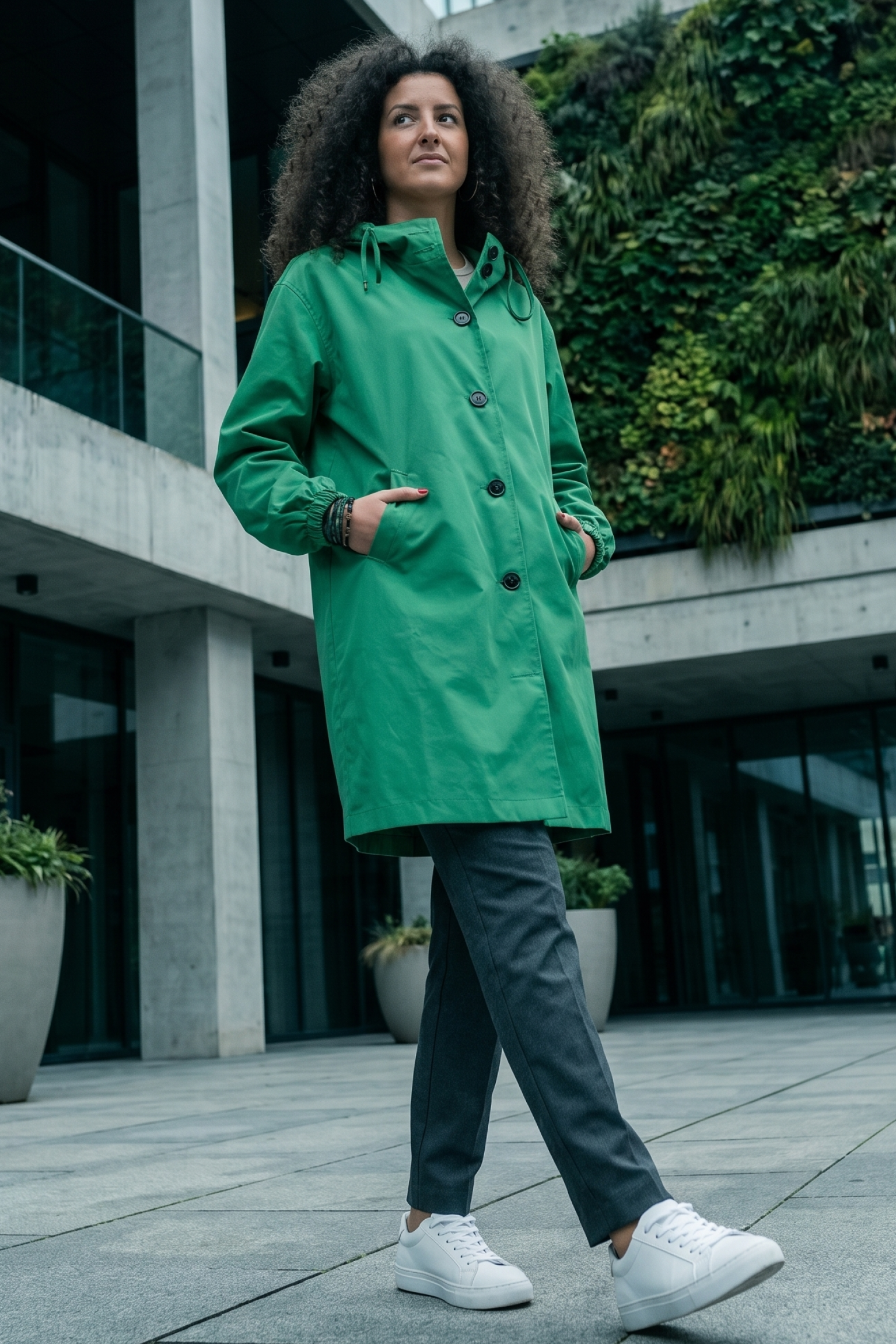 A person stands outside a modern building, wearing the Icon Windbreaker Rain Jacket, gray pants, and white sneakers. Their hands are in their pockets, with large plants and a green vertical garden visible in the background.