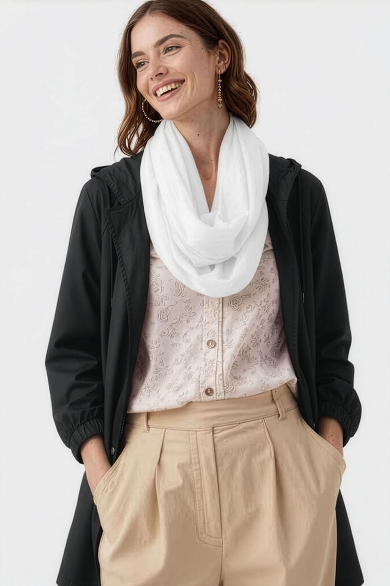A woman with shoulder-length brown hair smiles against a plain background, wearing the looselyboho Ivory Whisper 100% Cashmere Scarf, a patterned blouse, black jacket, and beige high-waisted pants—exuding effortless minimalist luxury.