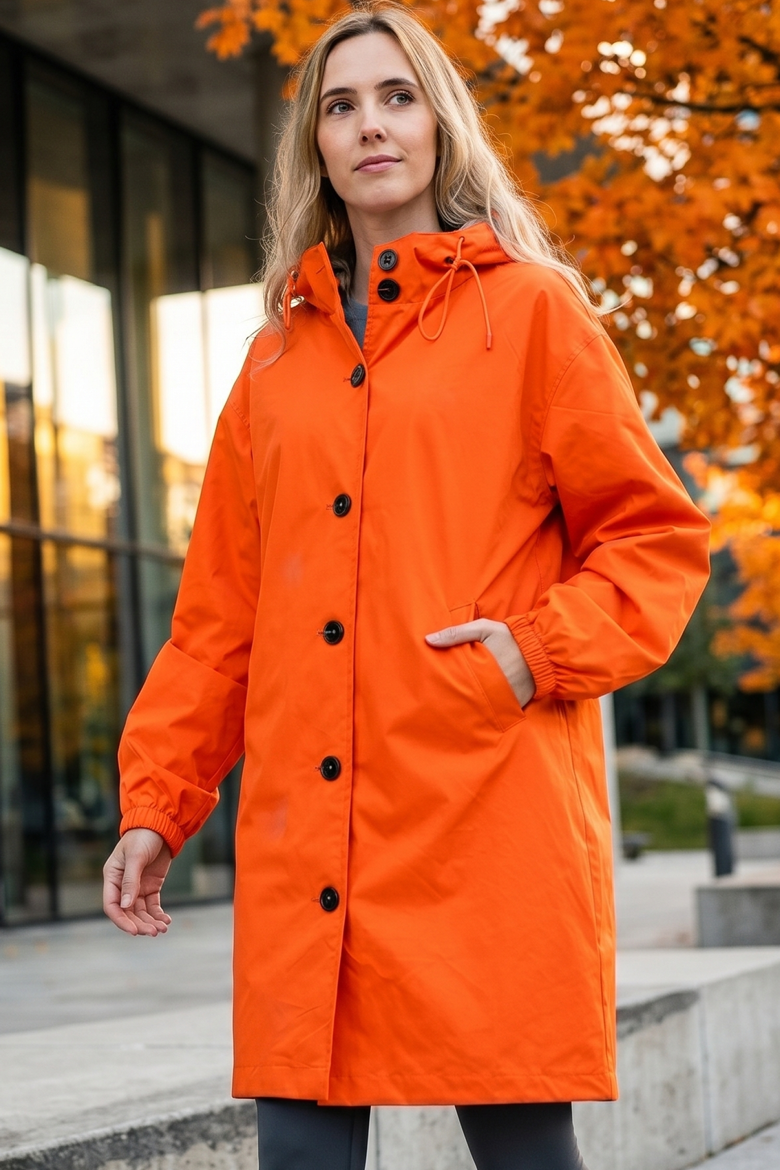 A woman in the Icon Windbreaker Rain Jacket stands outside by modern glass buildings and autumn trees with orange leaves.
