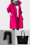 A person wearing a looselyboho BARBARA PINK WINDBREAKER OUTFIT from the limited edition collection over a white top and grey scarf is featured at the top. Below are a hanging black scarf on the left and a black tote bag with a "CW" logo on the right.