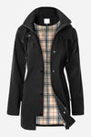 An Elegant Plaid Raincoat Windbreaker by looselyboho is displayed against a white background. It has a high collar with a zipper and snap button closure. Made of high-quality fabric, the interior lining features a beige, red, and black checkered pattern. The lightweight windbreaker includes front pockets and adjustable straps on the sleeves.