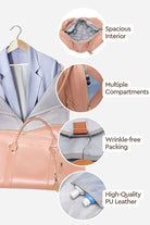Image of The Windbreaker Jacket's Smart No-Wrinkle Foldable Travel Bag in pink, showcasing its numerous features. Highlighted are the spacious interior, multiple compartments for organization, wrinkle-free packing capability, and high-quality waterproof PU leather construction. The bag is depicted hanging on a wooden hanger alongside a light blue jacket.