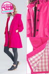 Image featuring a model wearing a bright pink Water Resistant Oversized Hooded Windbreaker Rain Jacket by The WJacket. The rain jacket, showcasing timeless style, has black buttons and reaches above the knees. Close-up images reveal the inner lining with a pink and white checkered pattern. Text reads: "Barbara Pink Limited Edition.