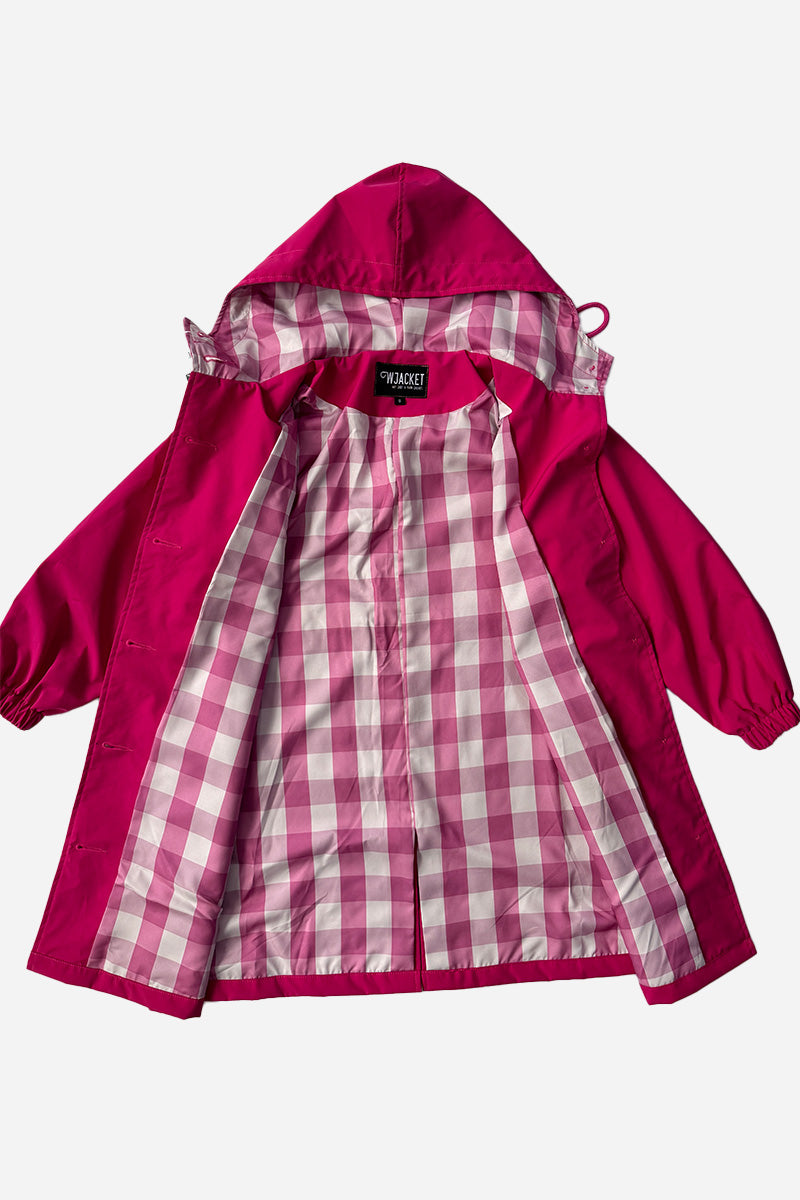 The looselyboho Bright Berry Kids’ Windbreaker, shown open on a white background, features elastic sleeves and a pink and white checkered lining. This water-resistant jacket comes in a vibrant berry pink shade.