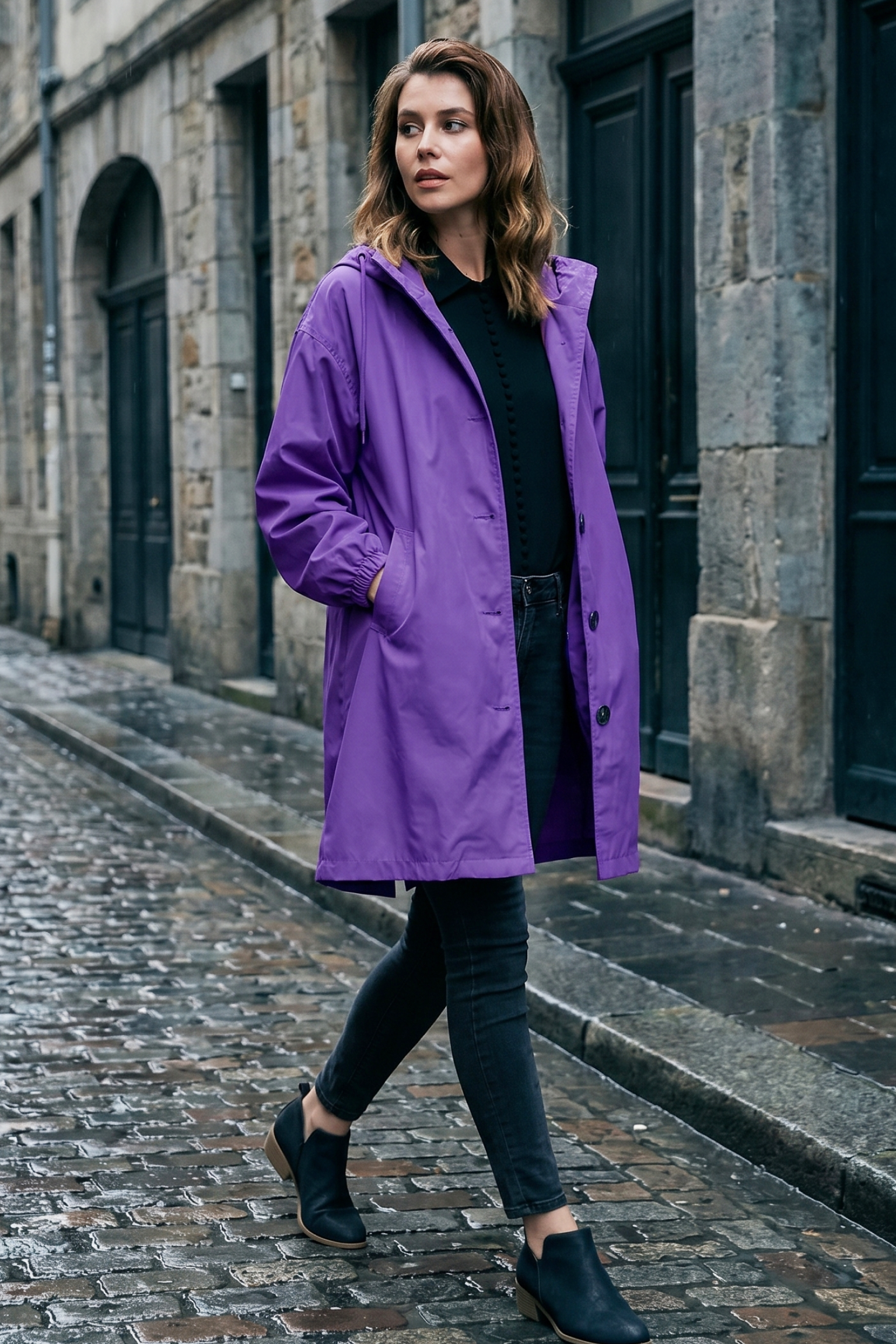 A woman in The Water Resistant Hooded Oversized Windbreaker Rain Jacket walks on a wet cobblestone street beside stone buildings with dark doors, wearing black top, dark jeans, and black shoes.