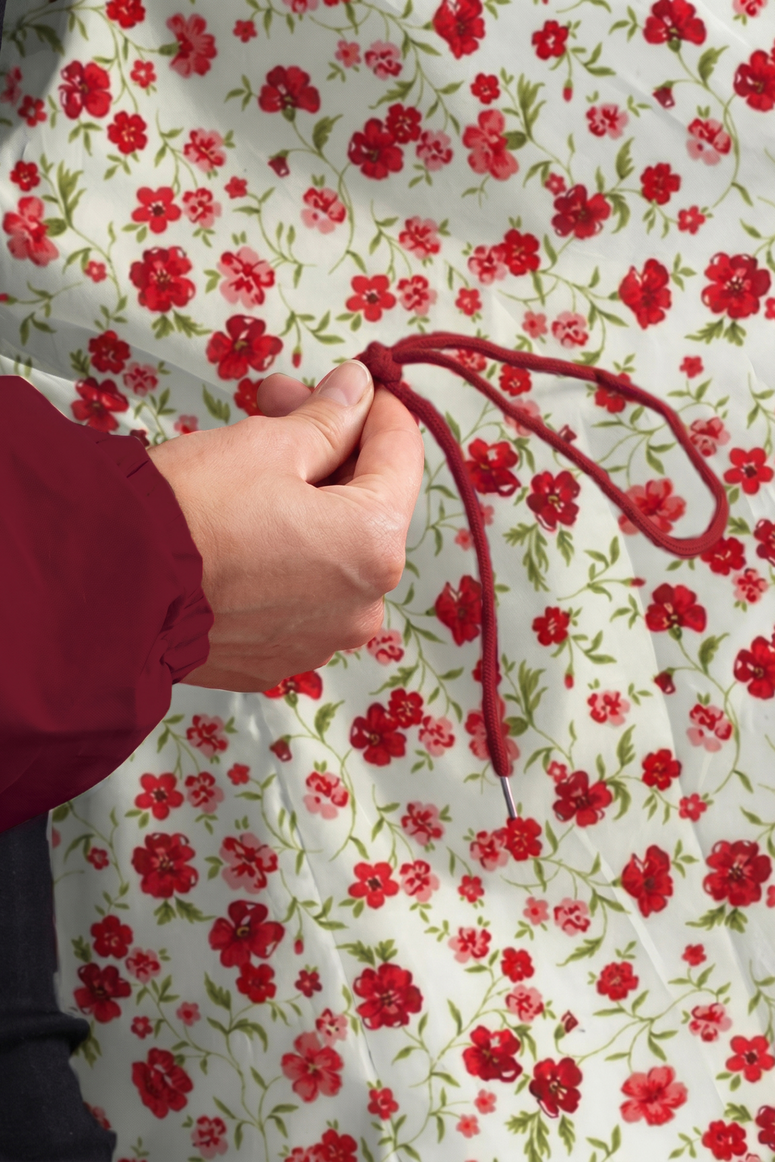 A person in a maroon sleeve holds The Water Resistant Hooded Oversized Windbreaker Rain Jacket in red over a white fabric with a red flower pattern.