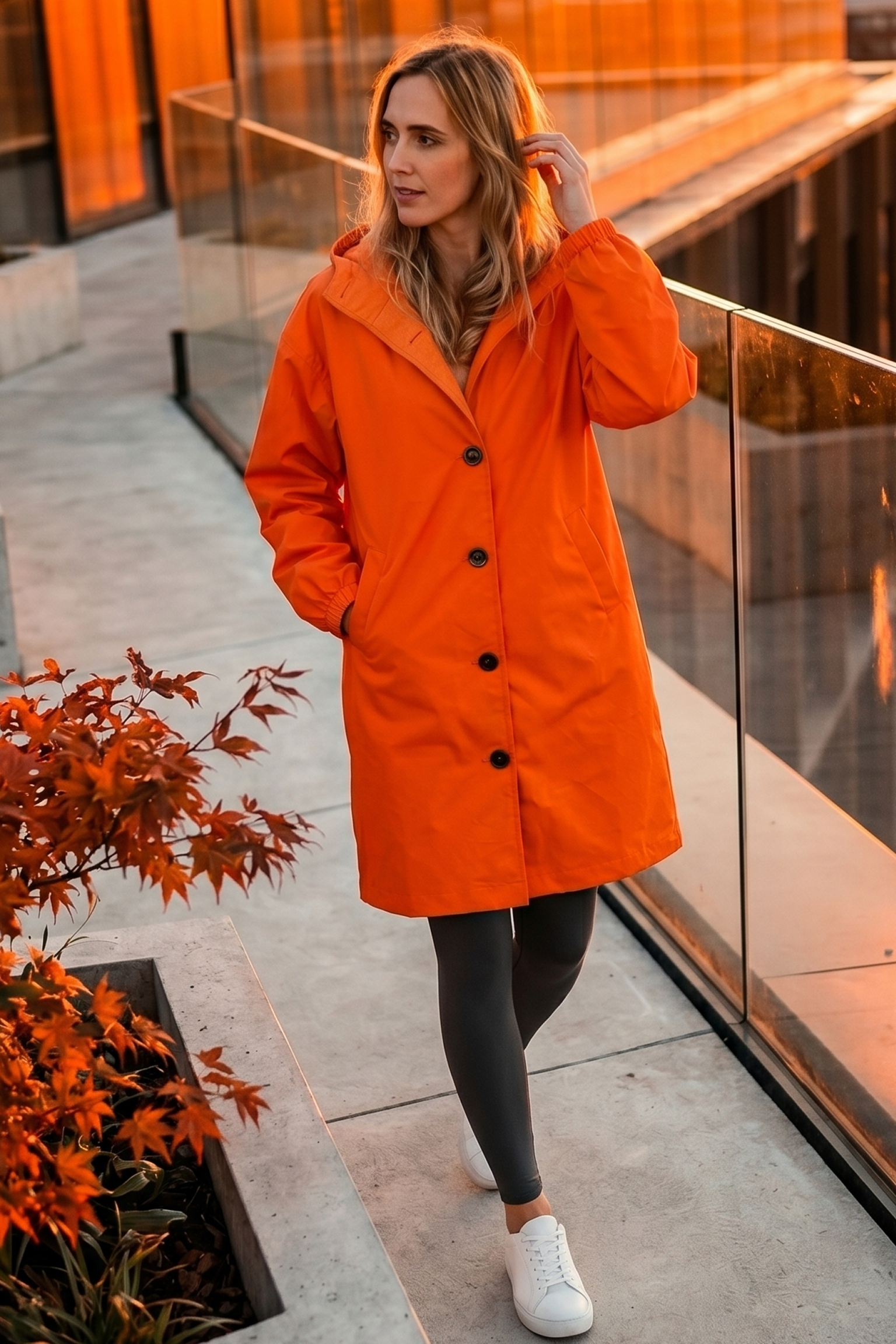 A woman wearing The Water Resistant Hooded Oversized Windbreaker Rain Jacket in orange stands outdoors on a concrete walkway beside a glass railing, bathed in warm orange sunlight.
