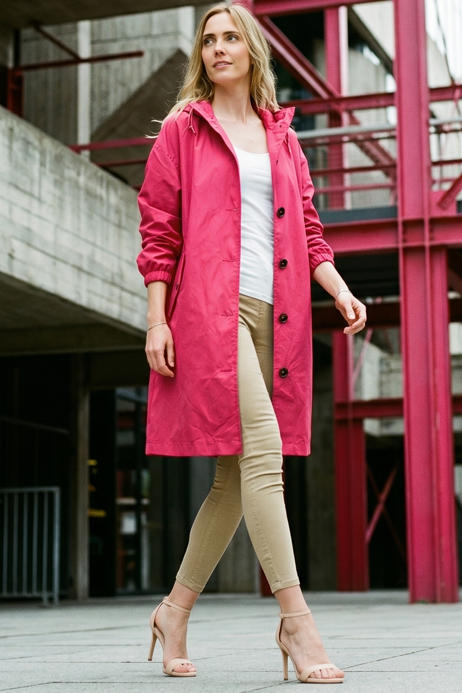 A woman wearing The Water Resistant Hooded Oversized Windbreaker Rain Jacket in bright pink walks outside a concrete building with red metal beams, paired with a white top, beige pants, and nude high-heeled sandals.